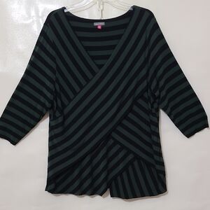 VINCE CAMUTO Women's Black and Green‎ Striped Layered Crossover Blouse - Size 3X